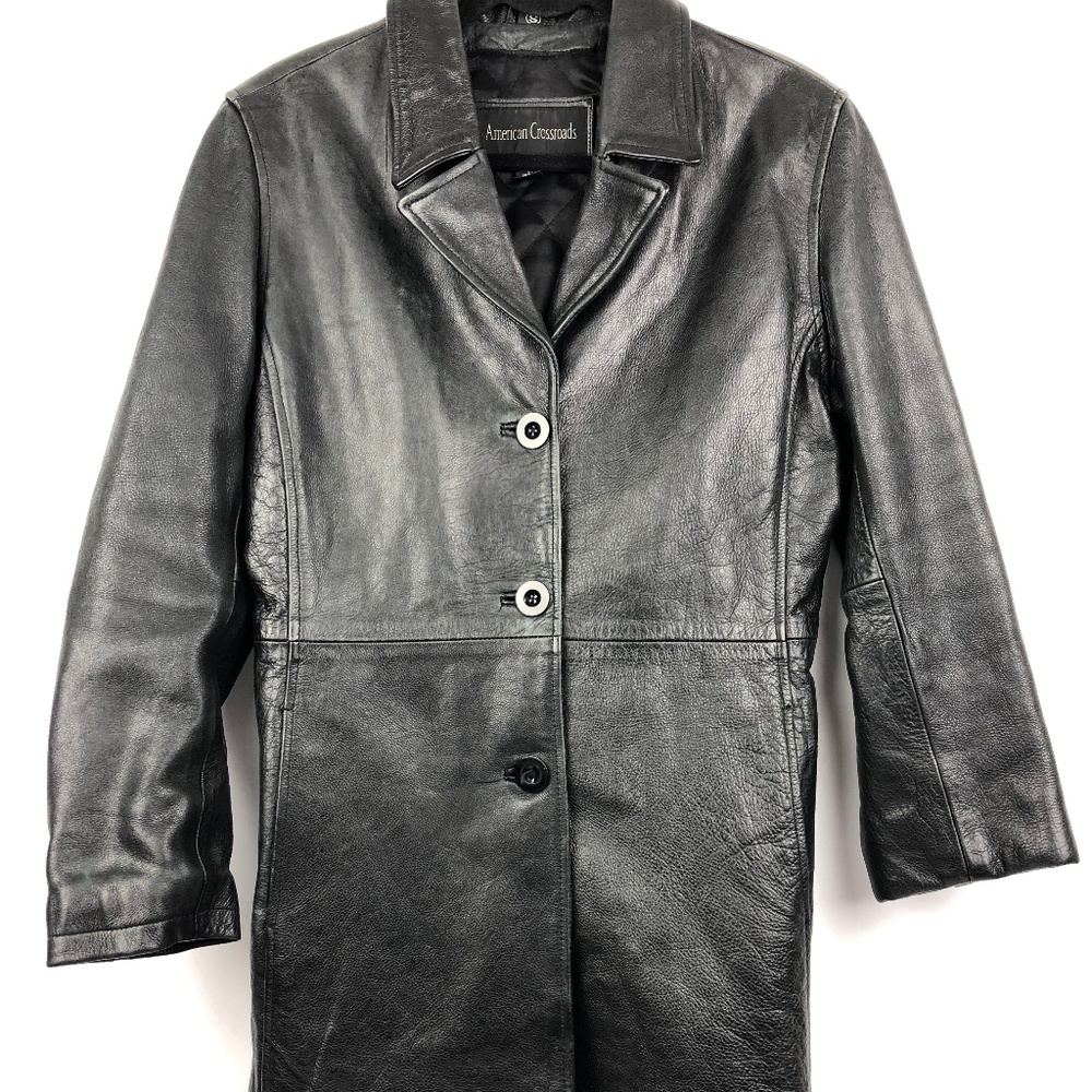 A Unisex american Leather Black Long Fitted coat
